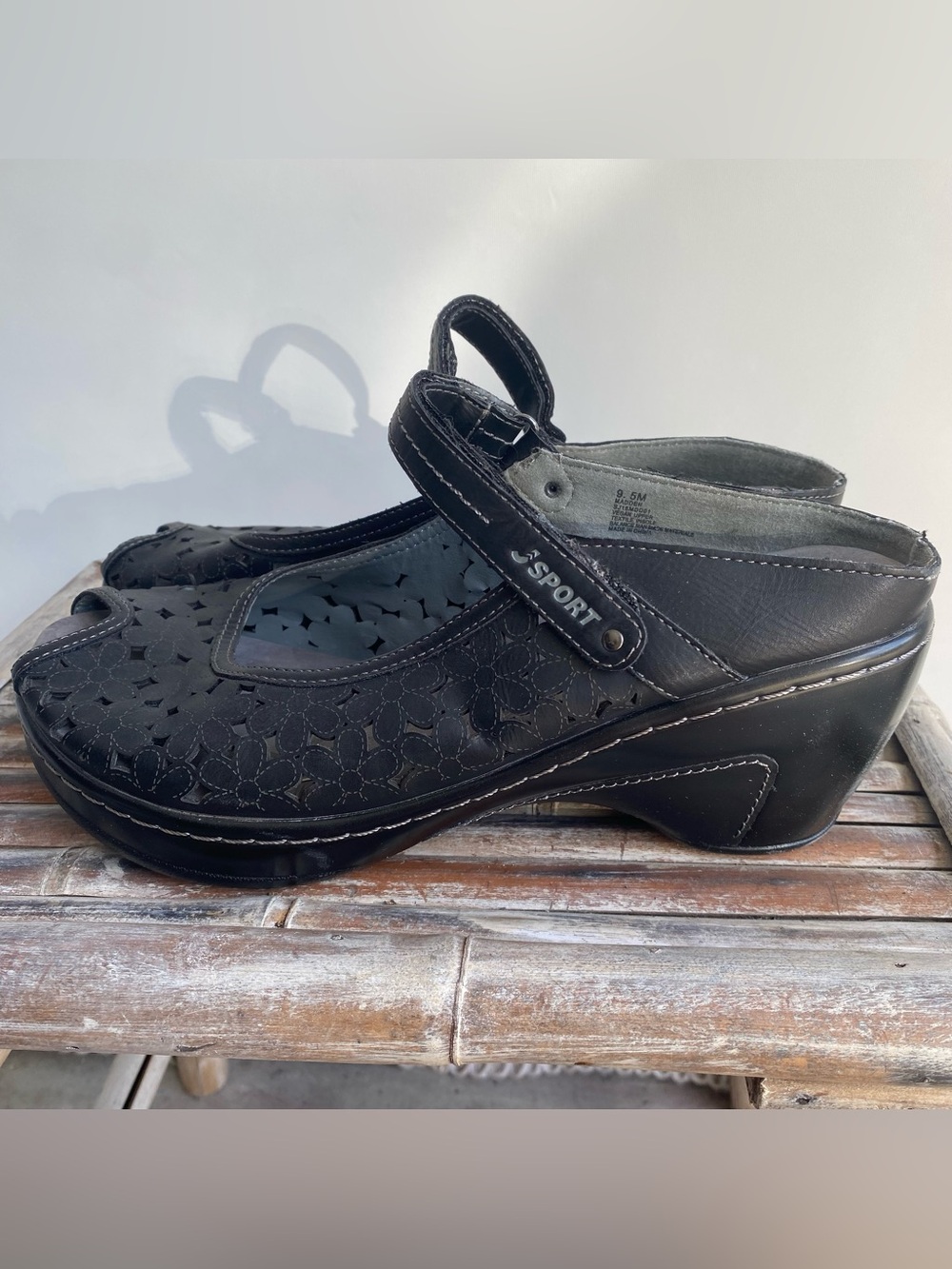 J Sport black Mary Jane mules laser cut floral pattern comfort memory foam 9.5